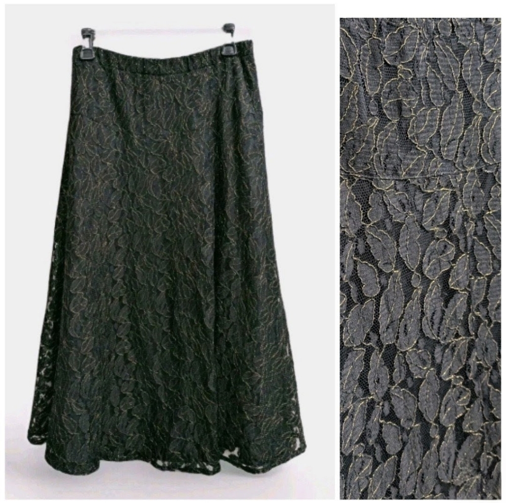 Womens VTG Black Sheer Overlay Midi Skirt Sz Small Whimsigoth Gold Holiday Party